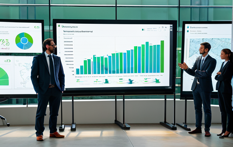 A diverse team of environmental professionals, fully clothed in modest business attire, gathered around a large interactive screen in a modern, sunlit conference room. The screen displays complex, interconnected environmental data visualizations and blueprints for sustainable development projects. They are engaged in a collaborative discussion, pointing at the screen with natural poses. The background shows a panoramic view of a thriving urban green space. Perfect anatomy, correct proportions, well-formed hands, proper finger count, high-quality professional photography, natural lighting, sharp focus, appropriate content, safe for work, family-friendly.