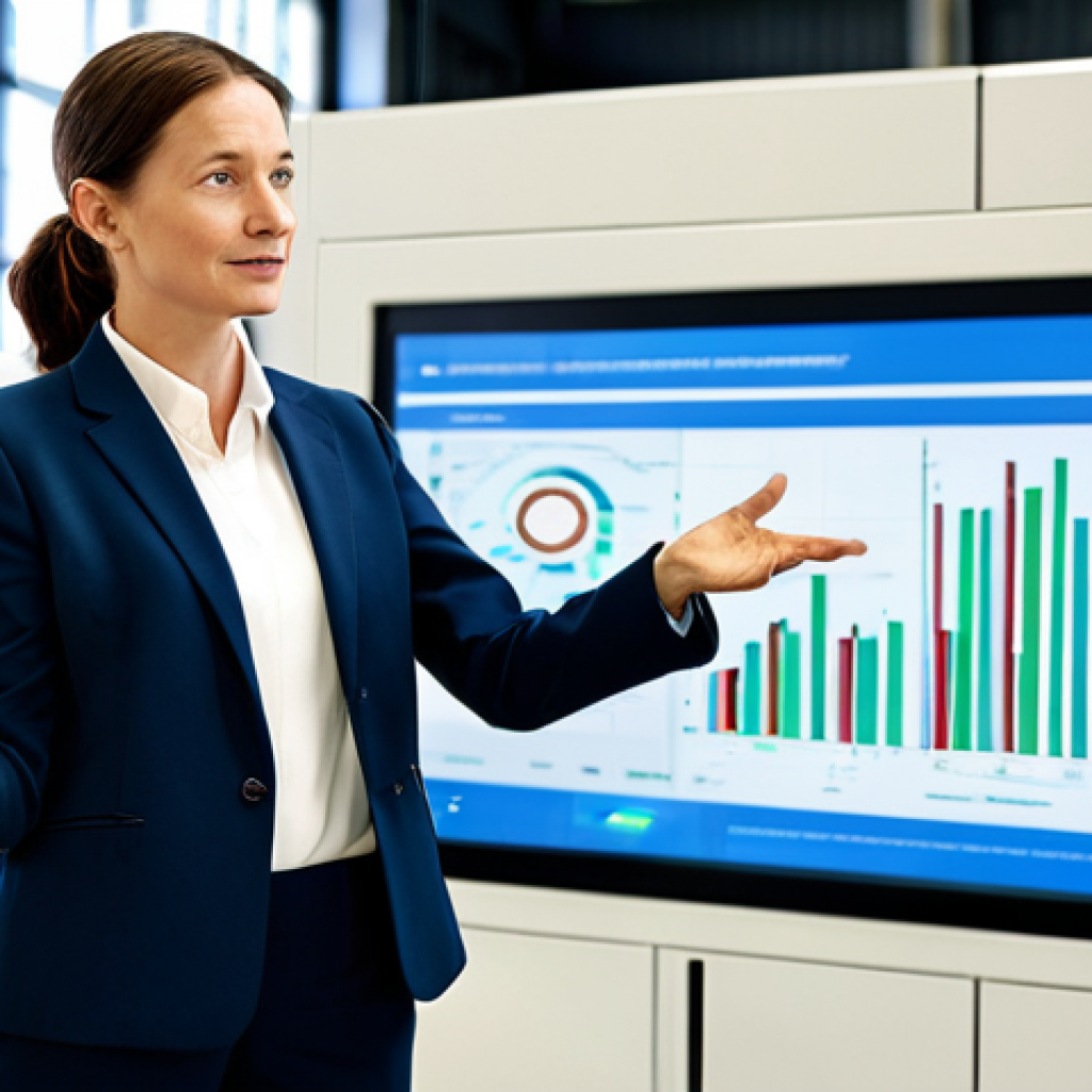 A professional female environmental consultant, fully clothed in a modest business suit, standing in a clean, modern facility. She is gesturing towards a digital display showing data related to circular economy material flow and resource recovery. In the background, there are subtly blurred, organized stacks of repurposed industrial materials and specialized machinery designed for upcycling, all under bright, professional lighting. The pose is natural, with perfect anatomy, correct proportions, well-formed hands, and proper finger count. safe for work, appropriate content, fully clothed, professional photography, high quality.