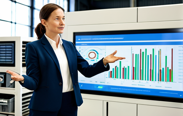 A professional female environmental consultant, fully clothed in a modest business suit, standing in a clean, modern facility. She is gesturing towards a digital display showing data related to circular economy material flow and resource recovery. In the background, there are subtly blurred, organized stacks of repurposed industrial materials and specialized machinery designed for upcycling, all under bright, professional lighting. The pose is natural, with perfect anatomy, correct proportions, well-formed hands, and proper finger count. safe for work, appropriate content, fully clothed, professional photography, high quality.