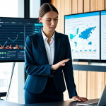 A professional environmental manager, fully clothed in a modest business suit, stands confidently in a modern, sunlit office. She is interacting with a large, wall-mounted digital display showcasing intricate environmental data dashboards, featuring graphs of carbon emissions and resource consumption. A sleek, ergonomic desk with a tablet and a laptop is visible in the foreground. The scene emphasizes the transition from traditional, paper-based methods to advanced digital data management.
    *   **Quality & Safety:** Perfect anatomy, correct proportions, natural pose, well-formed hands, proper finger count, natural body proportions. Professional dress, appropriate attire, safe for work, appropriate content, fully clothed, professional photography, high resolution, soft cinematic lighting, sharp focus, clean modern aesthetics.