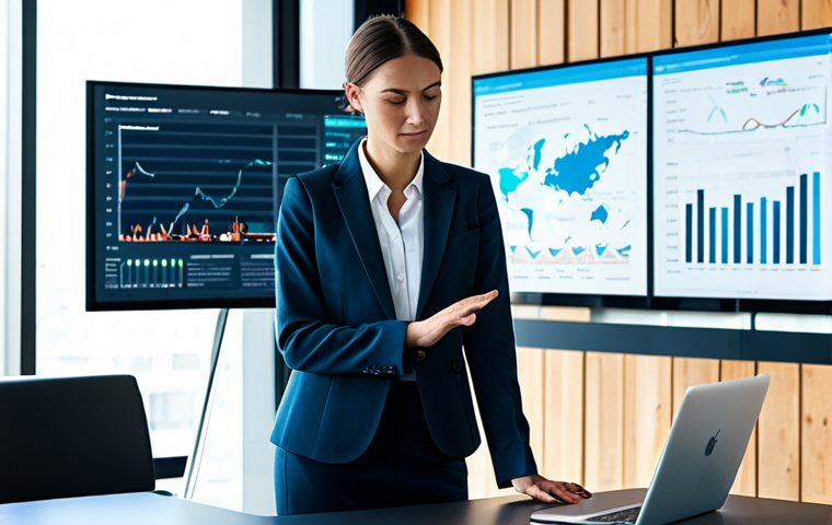 A professional environmental manager, fully clothed in a modest business suit, stands confidently in a modern, sunlit office. She is interacting with a large, wall-mounted digital display showcasing intricate environmental data dashboards, featuring graphs of carbon emissions and resource consumption. A sleek, ergonomic desk with a tablet and a laptop is visible in the foreground. The scene emphasizes the transition from traditional, paper-based methods to advanced digital data management.
    *   **Quality & Safety:** Perfect anatomy, correct proportions, natural pose, well-formed hands, proper finger count, natural body proportions. Professional dress, appropriate attire, safe for work, appropriate content, fully clothed, professional photography, high resolution, soft cinematic lighting, sharp focus, clean modern aesthetics.