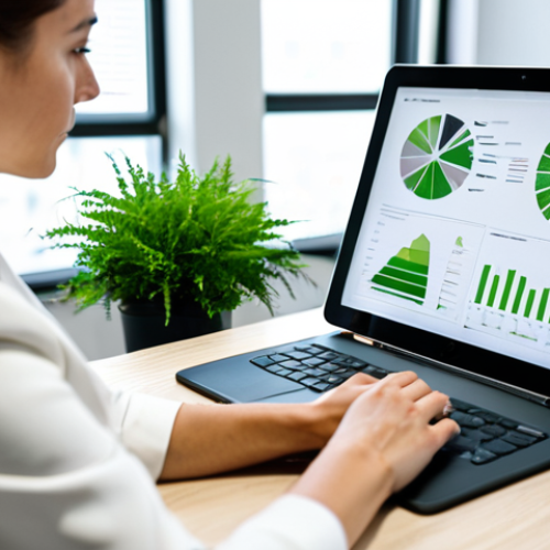 A focused professional environmental manager, female, in a modest business suit, seated at a modern, sustainable office desk. She is looking intently at a digital tablet displaying complex eco-data and circular economy diagrams. The office is brightly lit with natural light, featuring elegant green plants and sustainable material finishes. The atmosphere is visionary and innovative. fully clothed, appropriate attire, safe for work, perfect anatomy, correct proportions, natural pose, well-formed hands, proper finger count, natural body proportions, professional photography, high quality, appropriate content, modest, family-friendly.