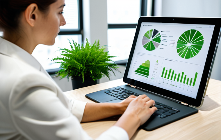 A focused professional environmental manager, female, in a modest business suit, seated at a modern, sustainable office desk. She is looking intently at a digital tablet displaying complex eco-data and circular economy diagrams. The office is brightly lit with natural light, featuring elegant green plants and sustainable material finishes. The atmosphere is visionary and innovative. fully clothed, appropriate attire, safe for work, perfect anatomy, correct proportions, natural pose, well-formed hands, proper finger count, natural body proportions, professional photography, high quality, appropriate content, modest, family-friendly.