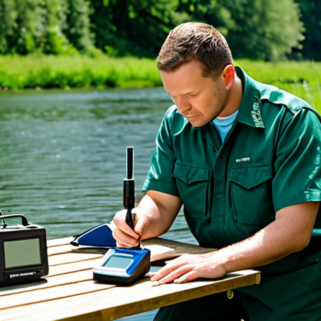 A professional environmental manager, fully clothed in a modest, durable field uniform, is meticulously calibrating a portable pH meter near a calm river. The manager's expression is focused, ensuring precision. Other essential environmental monitoring tools like a multiparameter probe and standard calibration solutions are neatly arranged on a portable field table. The background features lush green vegetation along the riverbank under natural daylight. The image emphasizes perfect anatomy, correct proportions, well-formed hands, proper finger count, and natural body proportions. This is a professional outdoor photography, high-quality, safe for work, appropriate content, modest, and family-friendly.