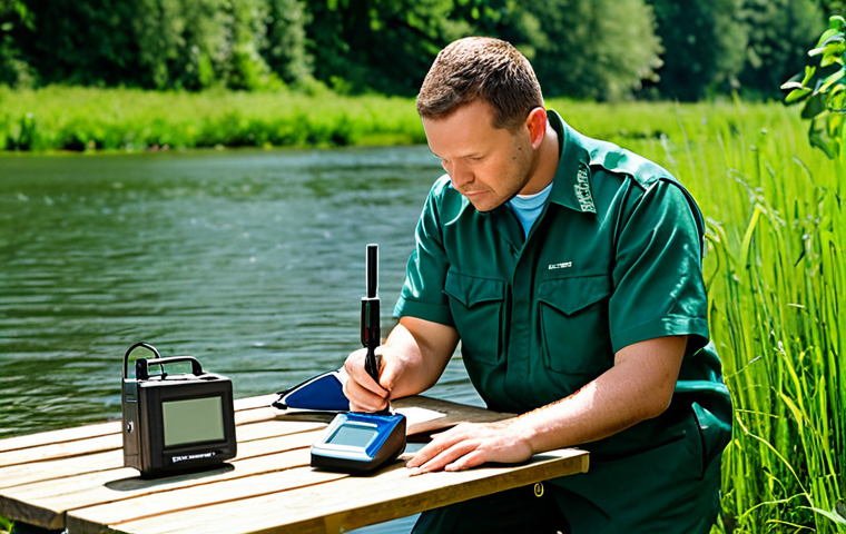 A professional environmental manager, fully clothed in a modest, durable field uniform, is meticulously calibrating a portable pH meter near a calm river. The manager's expression is focused, ensuring precision. Other essential environmental monitoring tools like a multiparameter probe and standard calibration solutions are neatly arranged on a portable field table. The background features lush green vegetation along the riverbank under natural daylight. The image emphasizes perfect anatomy, correct proportions, well-formed hands, proper finger count, and natural body proportions. This is a professional outdoor photography, high-quality, safe for work, appropriate content, modest, and family-friendly.