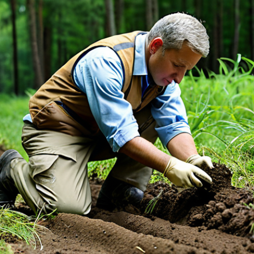 Environmental Professional in the Field**

A fully clothed environmental manager wearing appropriate field attire (e.g., khaki pants, collared shirt, vest) examining a soil sample in a natural environment like a forest or field. Background includes trees and foliage. Professional demeanor, focused expression. Safe for work, appropriate content, professional photography, perfect anatomy, natural proportions.

**