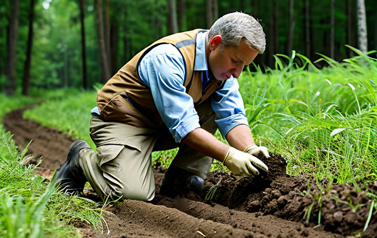 Environmental Professional in the Field**

A fully clothed environmental manager wearing appropriate field attire (e.g., khaki pants, collared shirt, vest) examining a soil sample in a natural environment like a forest or field. Background includes trees and foliage. Professional demeanor, focused expression. Safe for work, appropriate content, professional photography, perfect anatomy, natural proportions.

**