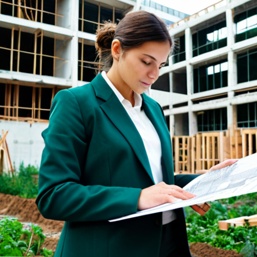 환경관리사 시험 후 면접 준비 요령 - **Sustainable Architect:** "A female architect, fully clothed in a stylish blazer and trousers, revi...