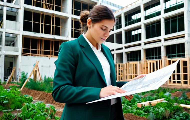 환경관리사 시험 후 면접 준비 요령 - **Sustainable Architect:** "A female architect, fully clothed in a stylish blazer and trousers, revi...