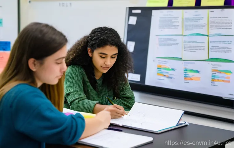 환경관리사 시험 직전 체크리스트 - **A Focused Study Group on Environmental Regulations:**
    "A vibrant scene inside a modern, natura...