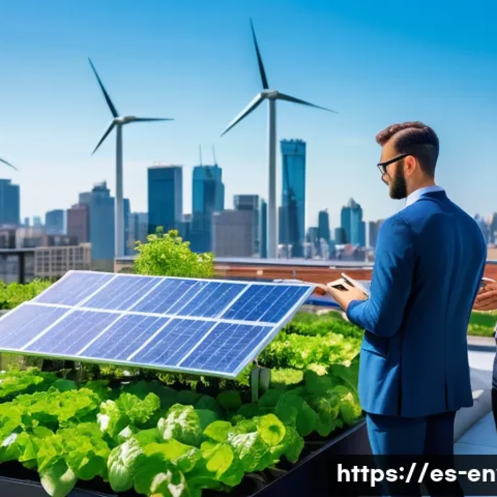 환경관리사와 기후 변화 대응 방안 - A vibrant urban rooftop garden powered by solar panels and small wind turbines, featuring diverse gr...