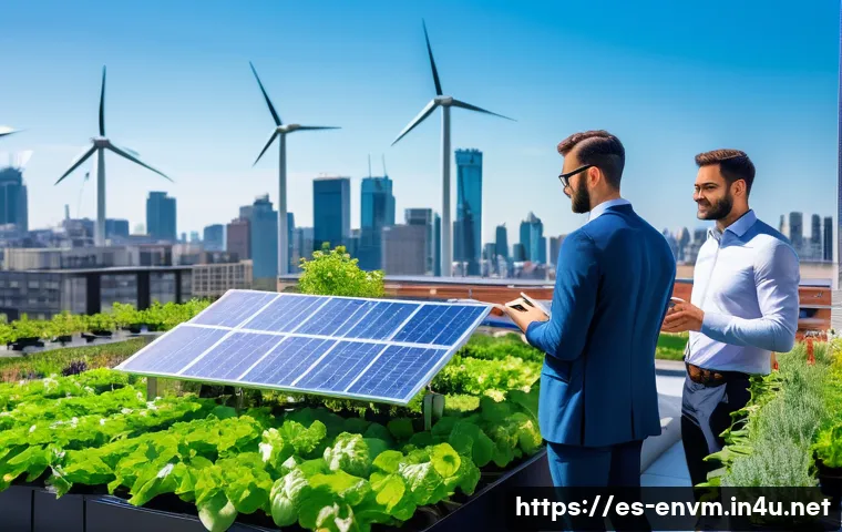 환경관리사와 기후 변화 대응 방안 - A vibrant urban rooftop garden powered by solar panels and small wind turbines, featuring diverse gr...