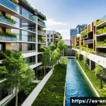 환경관리사와 친환경 건축 기술 - A modern urban park showcasing sustainable design, featuring lush vertical gardens climbing the side...