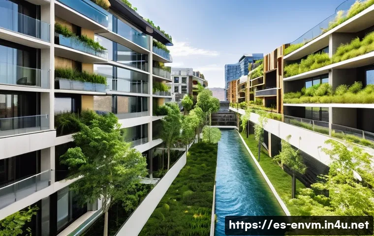 환경관리사와 친환경 건축 기술 - A modern urban park showcasing sustainable design, featuring lush vertical gardens climbing the side...
