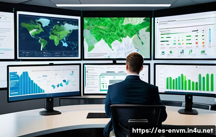 환경관리사 업무 효율성을 높이는 방법 - A modern environmental monitoring control room showcasing specialists using advanced digital softwar...