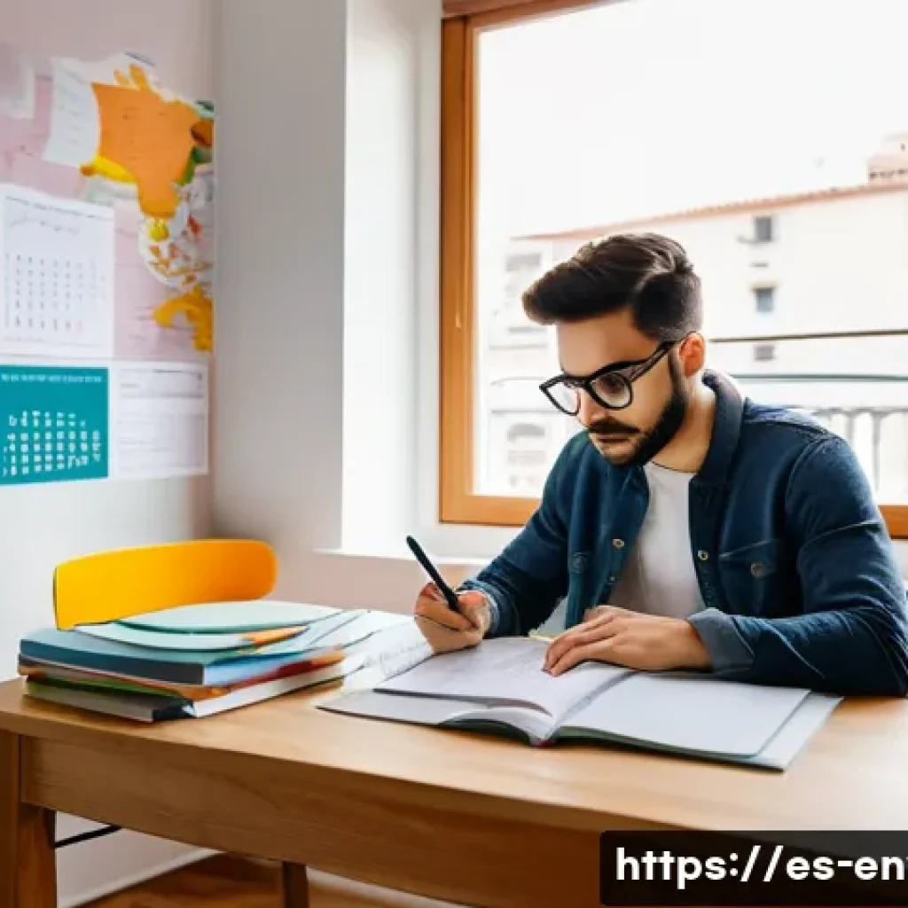 환경관리사 필기시험 암기법 - A focused young adult studying at a cozy home desk in a modern Spanish apartment, surrounded by colo...