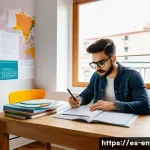 환경관리사 필기시험 암기법 - A focused young adult studying at a cozy home desk in a modern Spanish apartment, surrounded by colo...