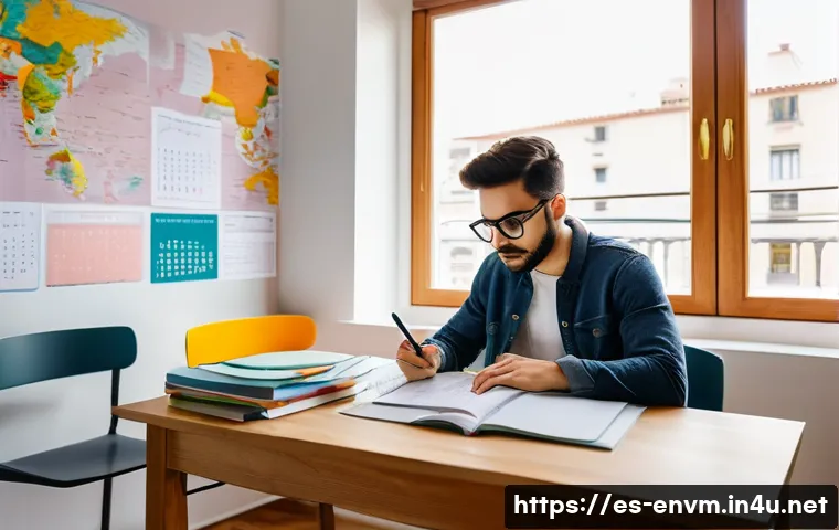환경관리사 필기시험 암기법 - A focused young adult studying at a cozy home desk in a modern Spanish apartment, surrounded by colo...