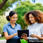 환경관리사 직업에서 요구되는 소양 - A diverse team of environmental professionals collaborating outdoors in a vibrant Latin American urb...