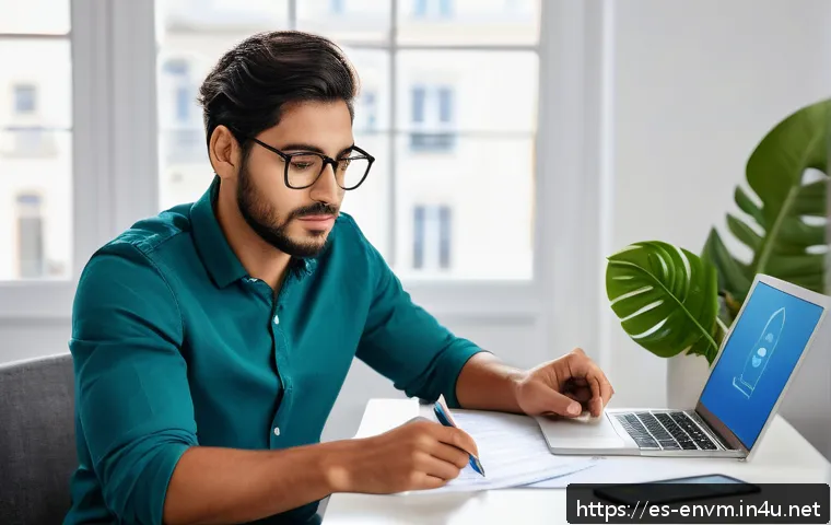 환경관리사 시험 후 결과 확인 방법 - A young Hispanic professional sitting at a modern desk in a bright home office, focused on a laptop ...
