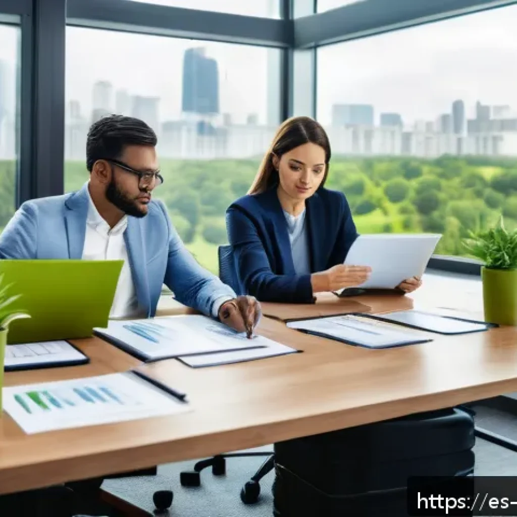 환경관리사와 환경감사 직무 비교 - A modern office environment showing a diverse team of environmental managers collaborating around a ...