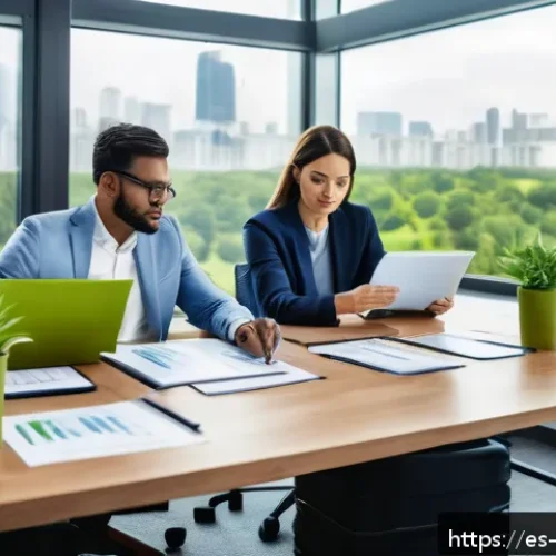 환경관리사와 환경감사 직무 비교 - A modern office environment showing a diverse team of environmental managers collaborating around a ...