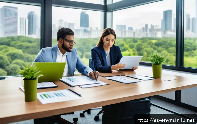 환경관리사와 환경감사 직무 비교 - A modern office environment showing a diverse team of environmental managers collaborating around a ...