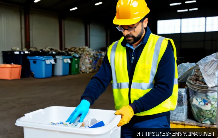 환경관리사 실무 필수 용어 정리 - Photorealistic environmental compliance manager in a modern Spanish municipal recycling facility, we...