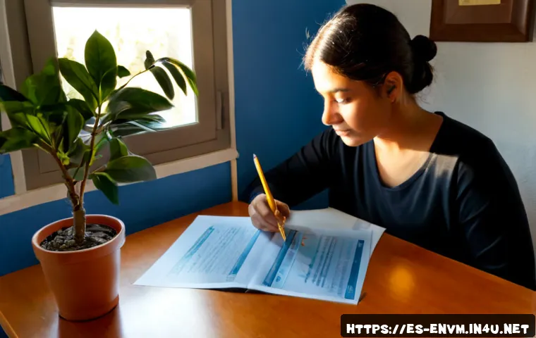 환경관리사 자격증 필기 대비 - Photorealistic study scene for an environmental management certification written exam, Spanish-speak...